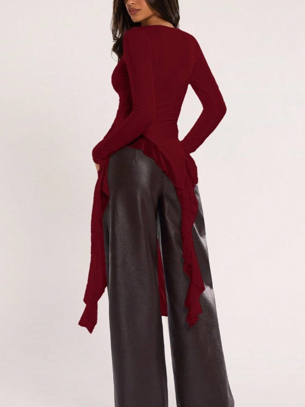 Burgundy Casual Women's Round Neck Long Sleeve Asymmetrical Hem Slim Fit Top - Picture 2 of 6